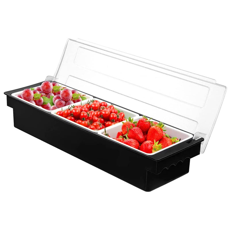 FEOOWV Fruit Veggie Condiment Caddy with Lid, 3 Compartment Plastic Dispenser Tray for Catering Dips Toppings, Serving Taco, Ice Cream, Fruit, & Salad Bar Garnish Organizer for Restaurant Supplies - Image 1